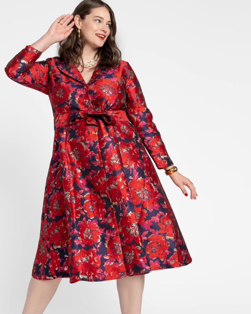 Front of a model wearing a size XL Lucille Wrap Dress Holiday Floral in Red by Frances Valentine. | dia_product_style_image_id:242764